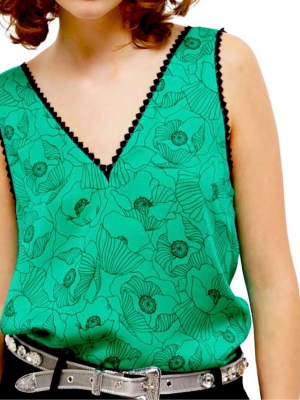 The Kooples Green Lace Floral V-Neck Sleeveless Tank Size 2